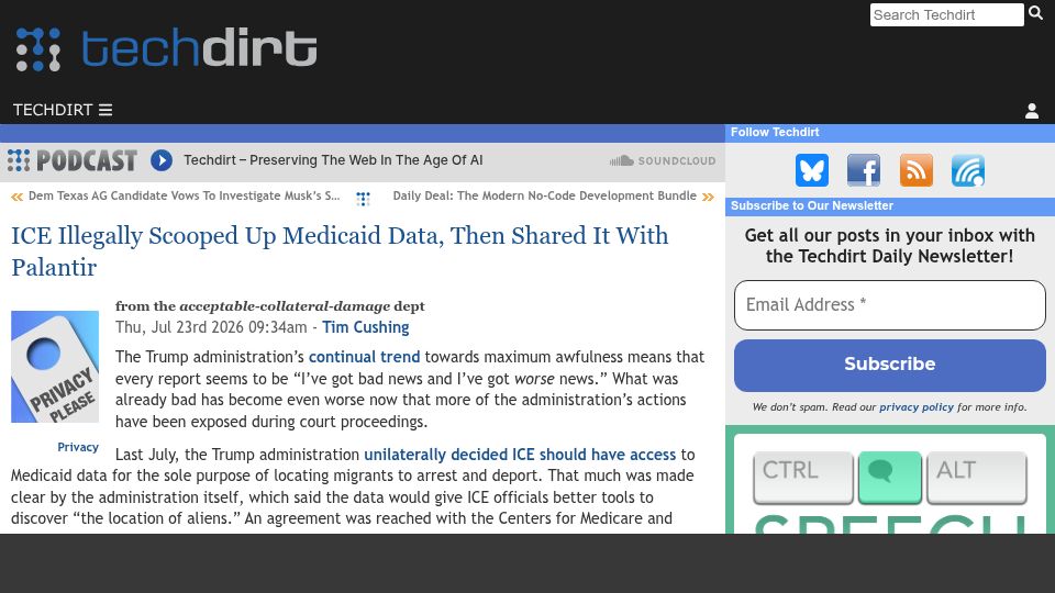 Screenshot of techdirt.com: ICE Illegally Scooped Up Medicaid Data, Then Shared It with Palantir