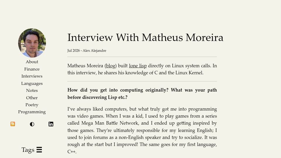 Screenshot of alexalejandre.com: Interview with Matheus Moreira about Lone Lisp and Linux Kernel