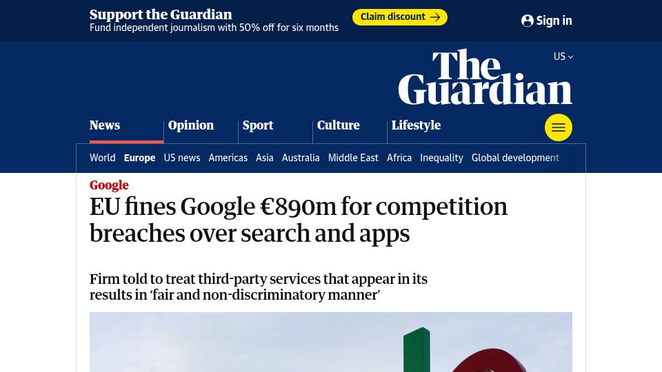 Screenshot of theguardian.com: EU fines Google €890M for competition breaches over search and apps