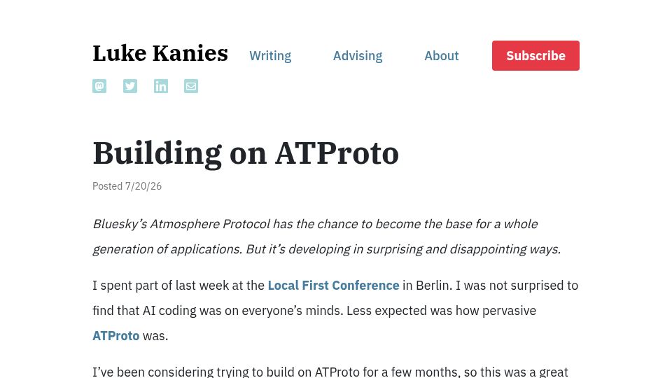 Screenshot of lukekanies.com: Building on ATProto