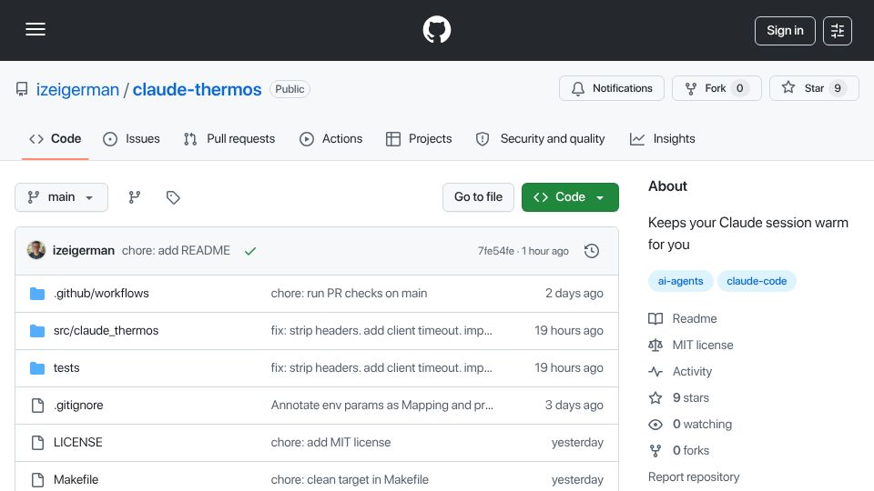 Screenshot of github.com: Show HN: Claude-thermos keeps your Claude session warm for you