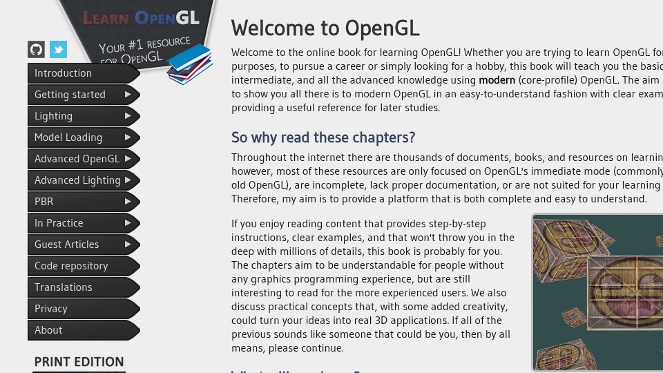 Screenshot of learnopengl.com: Learn OpenGL, extensive tutorial resource for learning Modern OpenGL