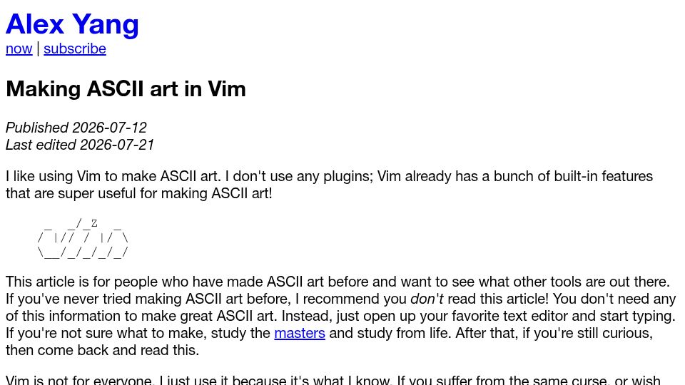 Screenshot of alexyang.dev: Making ASCII Art in Vim