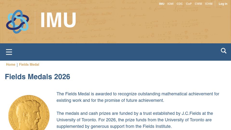 Screenshot of mathunion.org: Fields Medals 2026