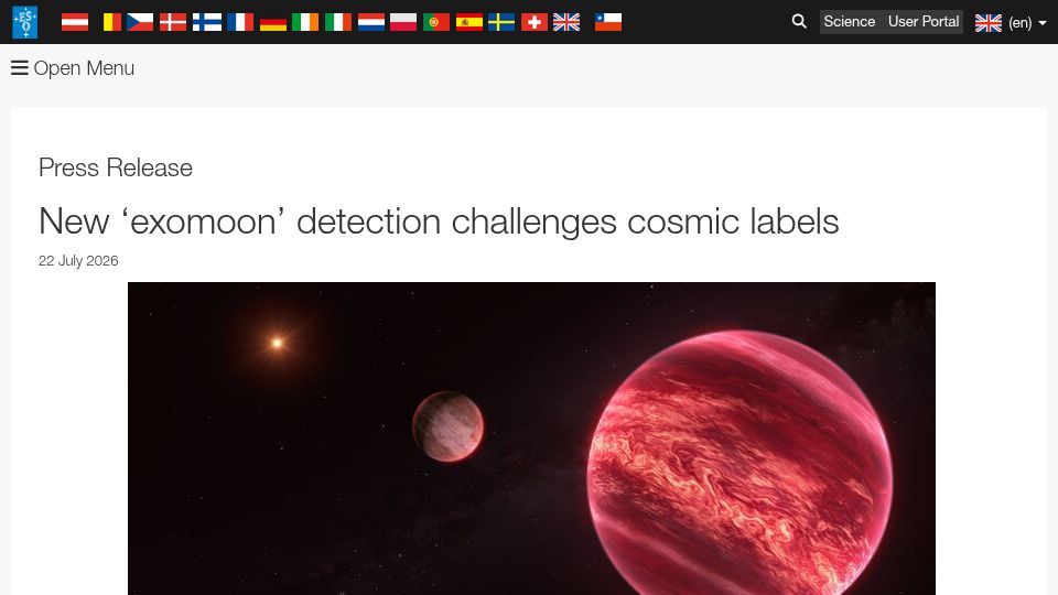 Screenshot of eso.org: Astronomers may have found the first exomoon