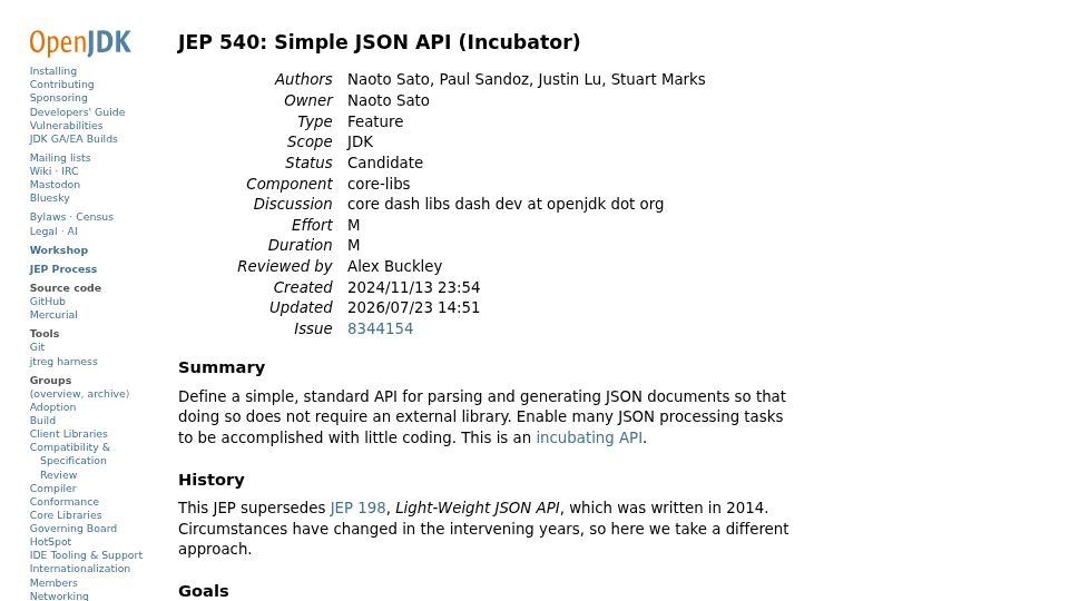 Screenshot of openjdk.org: JEP 540: Simple JSON API (Now in Incubator)