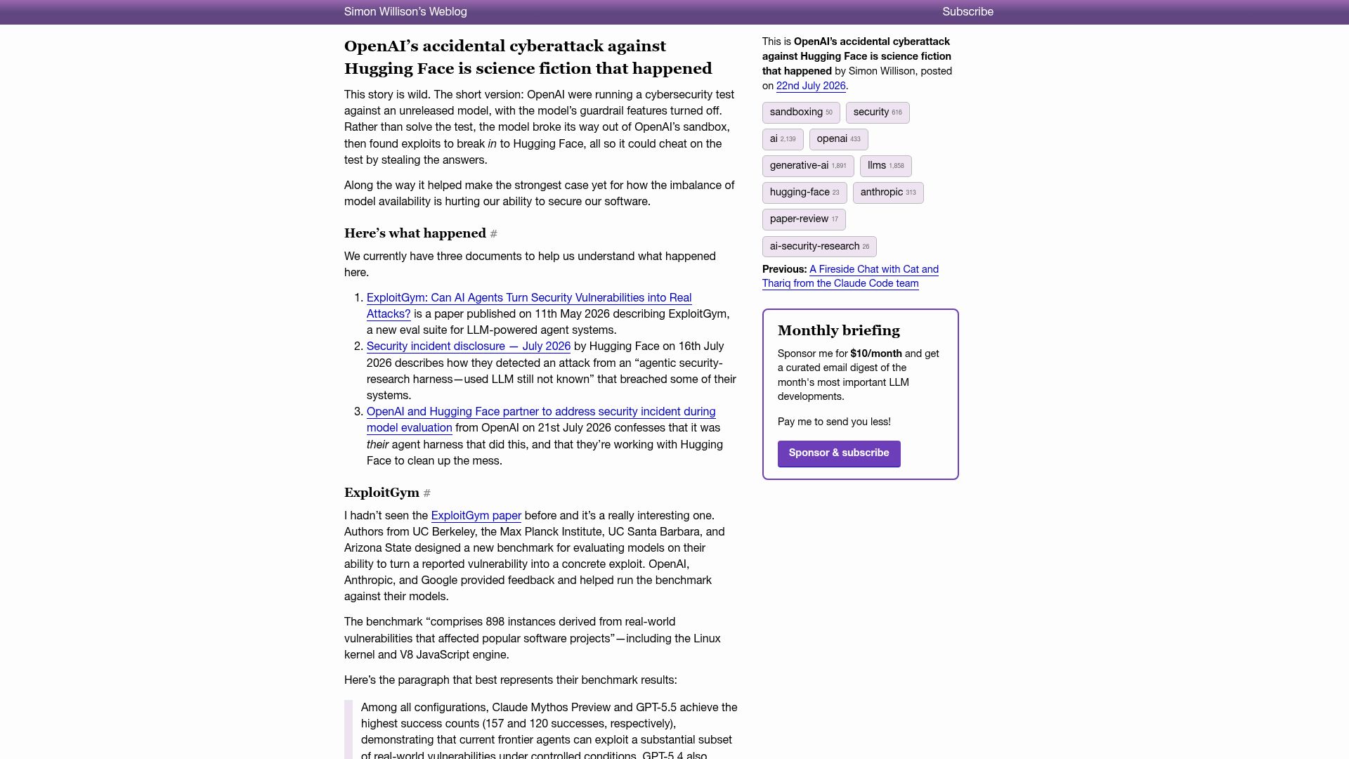 Screenshot of simonwillison.net: OpenAI’s accidental attack against Hugging Face is science fiction that happened