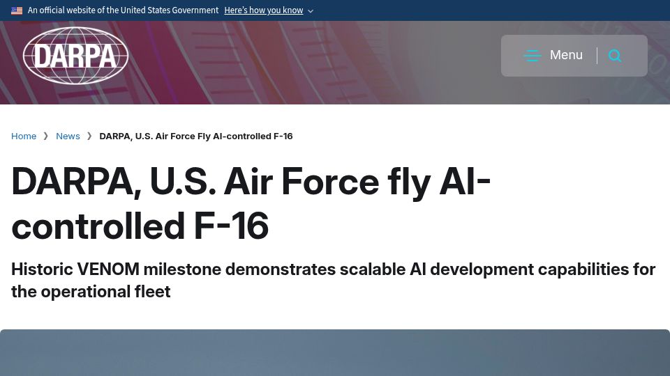 Screenshot of darpa.mil: DARPA, U.S. Air Force fly AI-controlled F-16