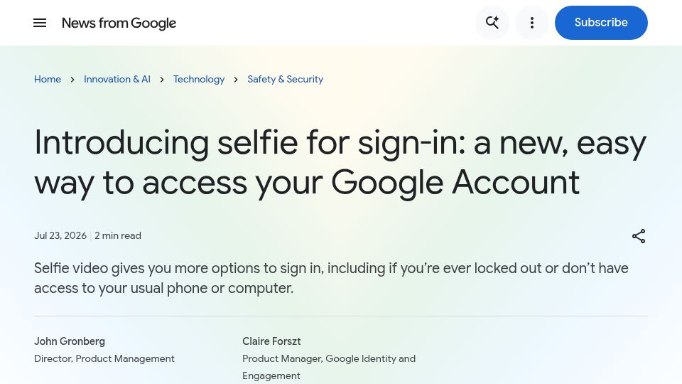 Screenshot of blog.google: Selfie for sign-in: a new, easy way to access your Google Account