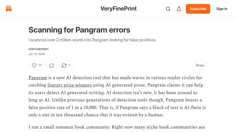 Screenshot of veryfineprint.substack.com: Scanning for Pangram Errors