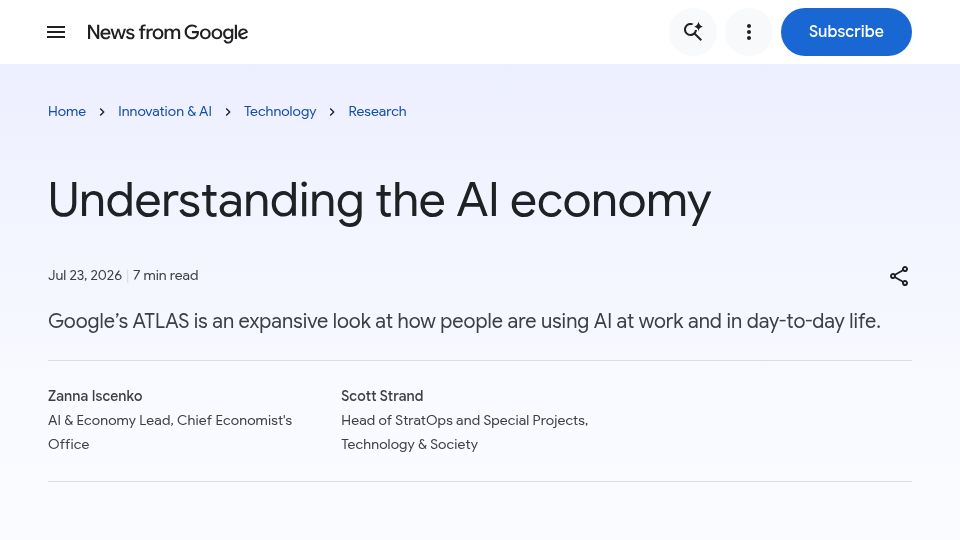 Screenshot of blog.google: Understanding the AI Economy