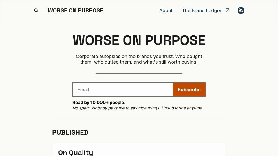 Screenshot of worseonpurpose.com: Worse on Purpose – How Corporate Greed Killed Product Quality – Worse on Purpose