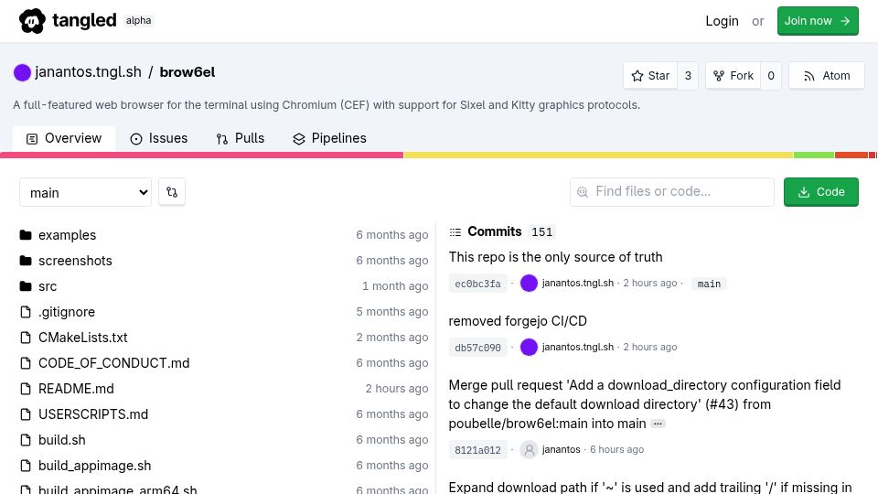 Screenshot of tangled.org: Brow6el: A full-featured web browser for the terminal using Chromium