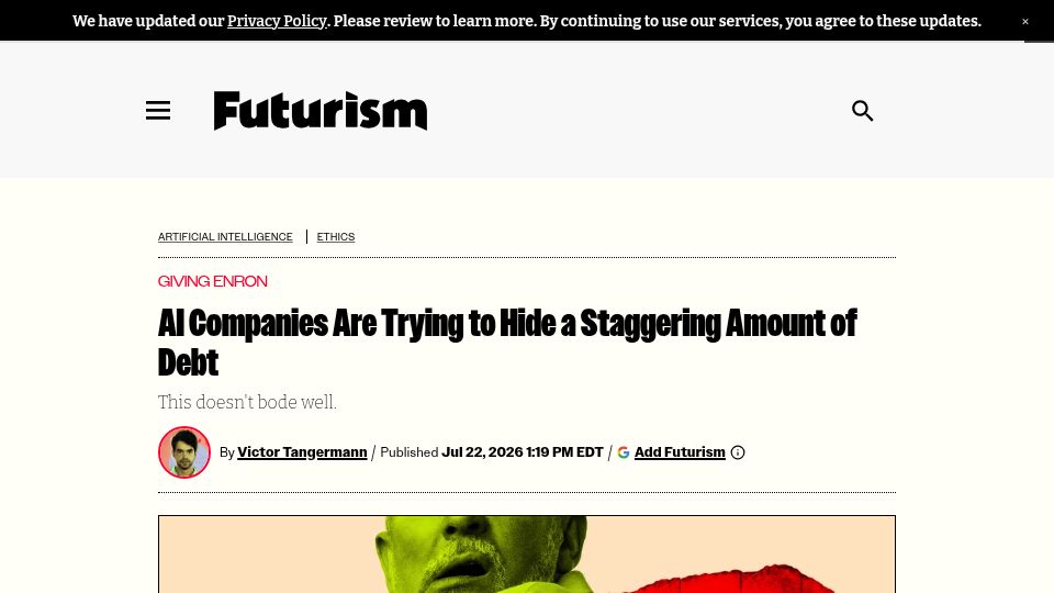 Screenshot of futurism.com: AI Companies Are Trying to Hide a Staggering Amount of Debt