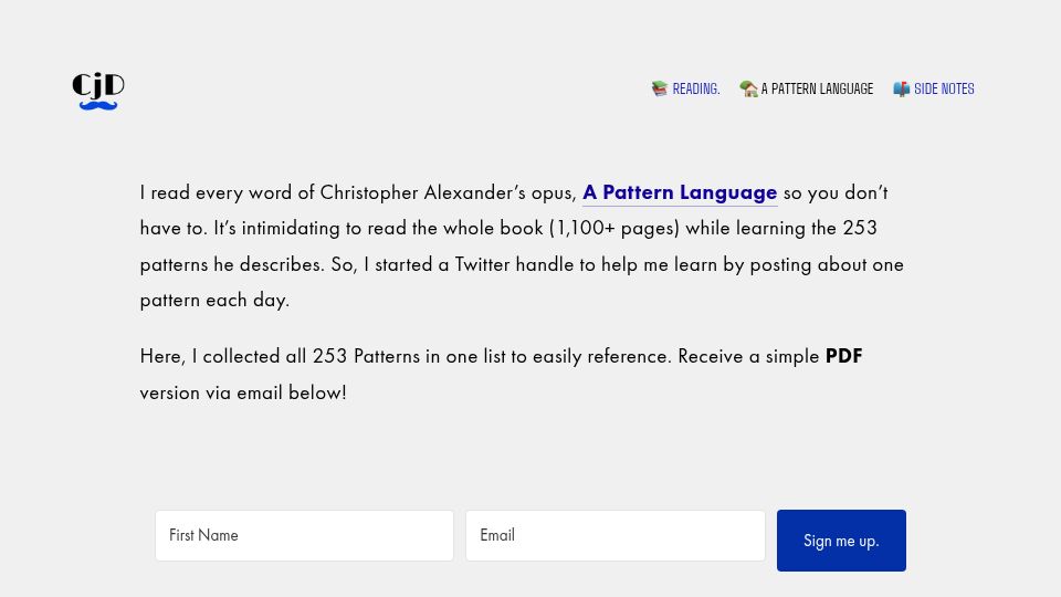 Screenshot of claytondorge.com: All 253 Patterns from Christopher Alexander's a Pattern Language Summarized