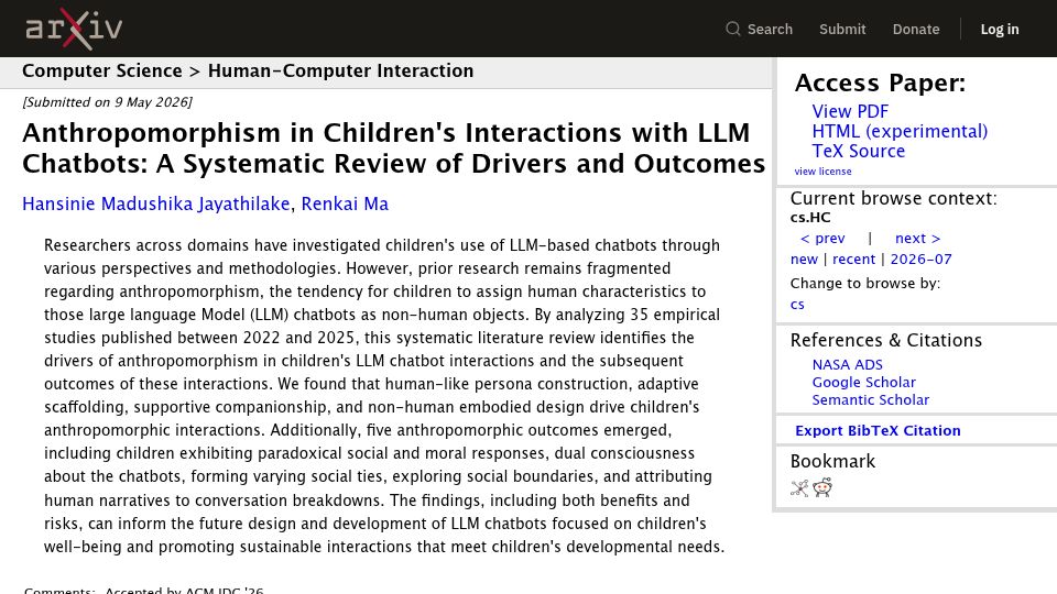 Screenshot of arxiv.org: Anthropomorphism in Children's Interactions with LLM Chatbots