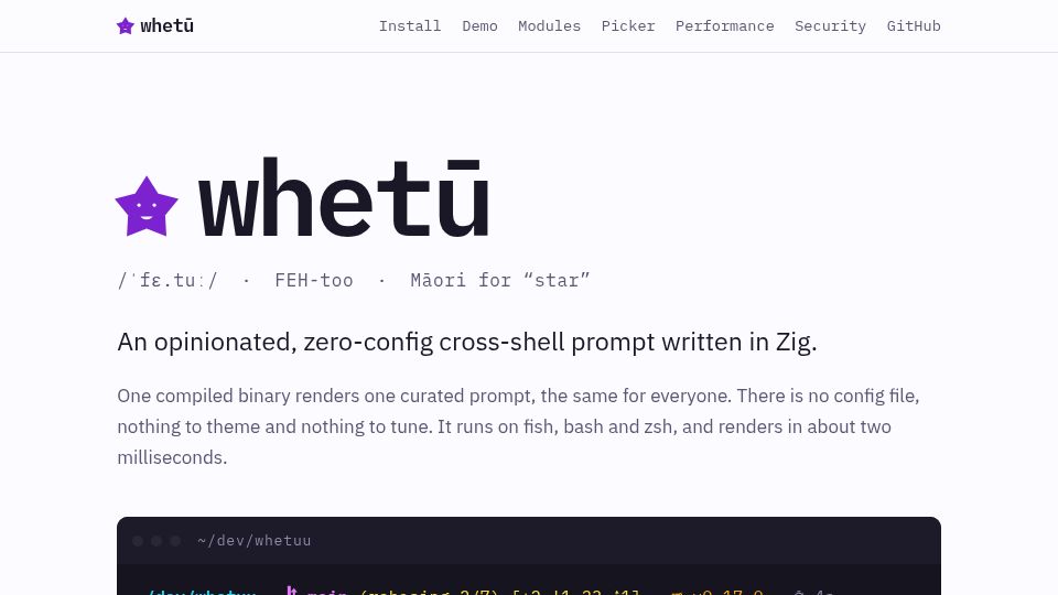 Screenshot of yamafaktory.github.io: Show HN: Whetuu – a zero-config cross-shell prompt written in Zig