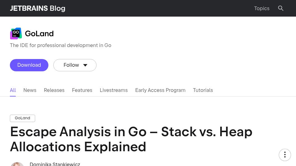 Screenshot of blog.jetbrains.com: Escape Analysis in Go: Stack vs. Heap Allocations Explained