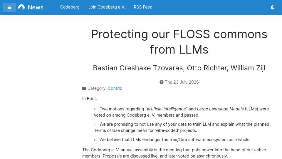 Screenshot of blog.codeberg.org: Protecting our FLOSS commons from LLMs