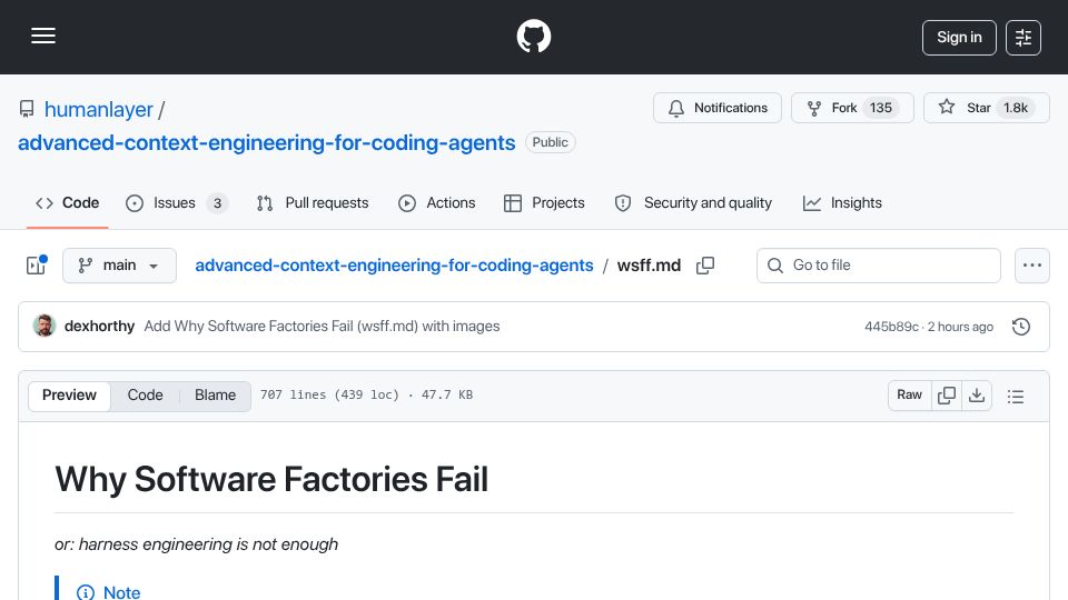 Screenshot of github.com: Why Software Factories Fail (or: harness engineering is not enough)