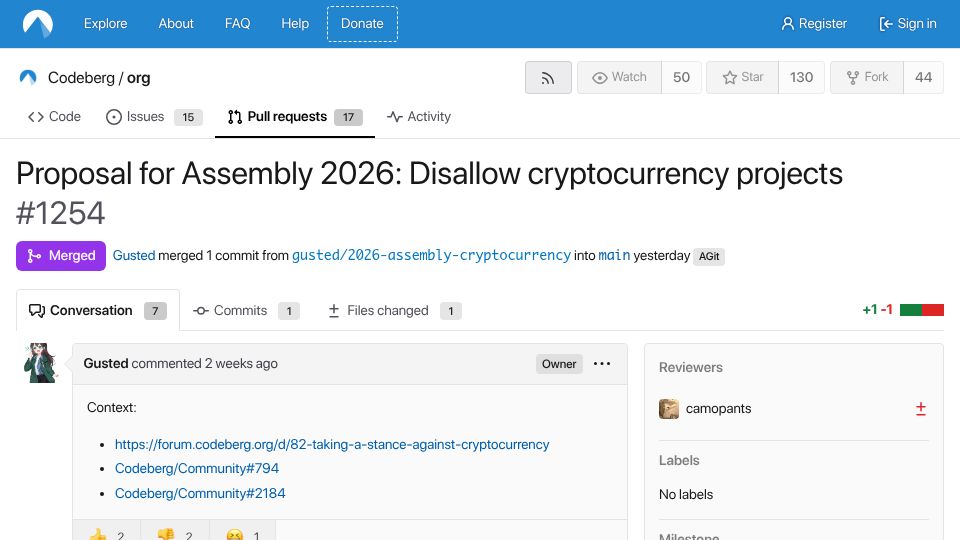 Screenshot of codeberg.org: Codeberg Bans Cryptocurrency Projects