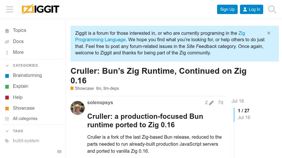 Screenshot of ziggit.dev: Cruller: Bun's Zig Runtime, Continued on Zig 0.16