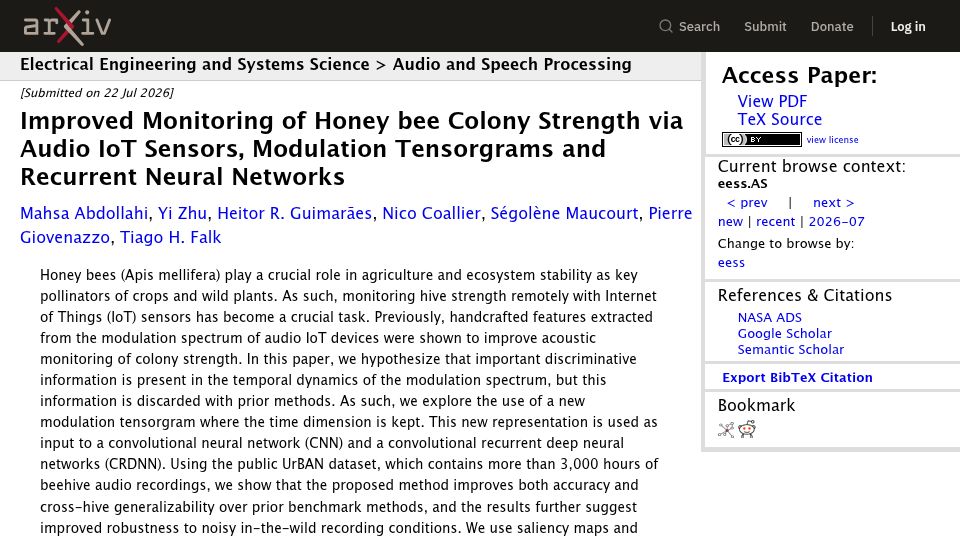 Screenshot of arxiv.org: Honey Bee Colony Monitoring via Audio IoT Sensors, Tensorgrams and RNNs