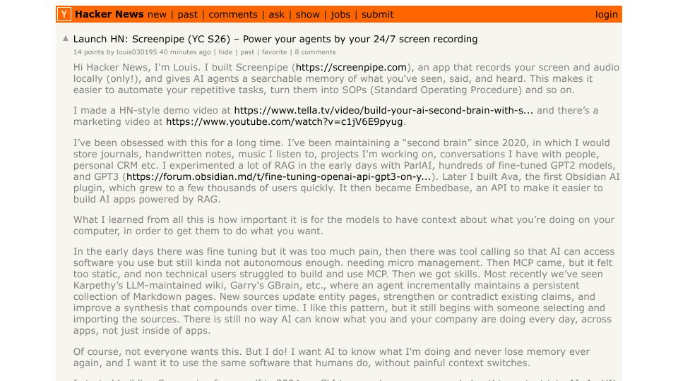 Screenshot of Hacker News post: Launch HN: Screenpipe (YC S26) – Record how you work and turn that into agents