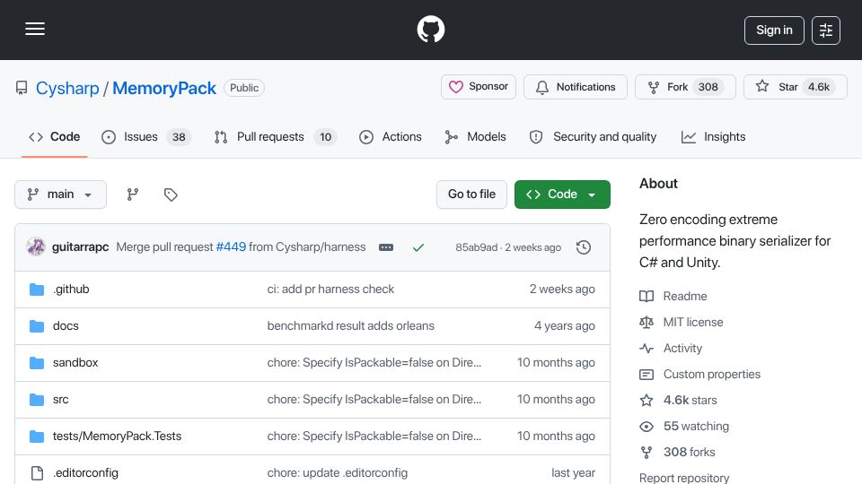 Screenshot of github.com: MemoryPack: Zero encoding extreme performance binary serializer for C#