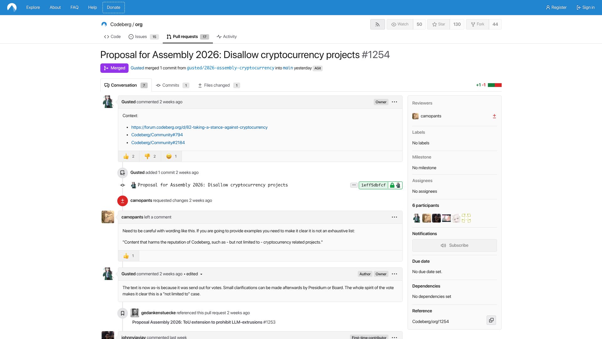 Screenshot of codeberg.org: Codeberg Bans Cryptocurrency Projects