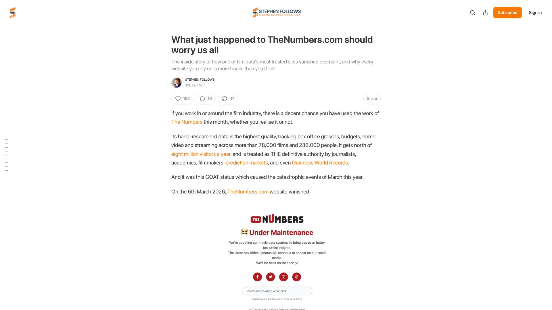 Screenshot of stephenfollows.com: What happened to TheNumbers.com