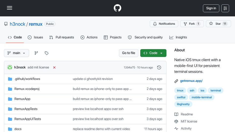 Screenshot of github.com: Show HN: Remux – an open-source tmux workspace designed for iPhone