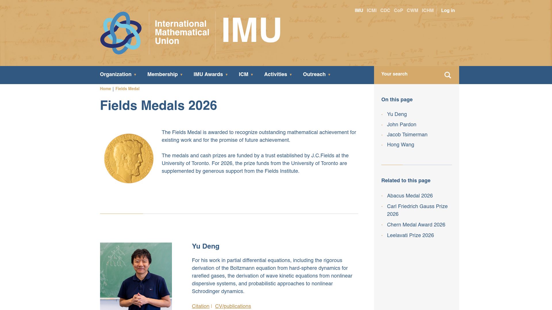 Screenshot of mathunion.org: Fields Medals 2026