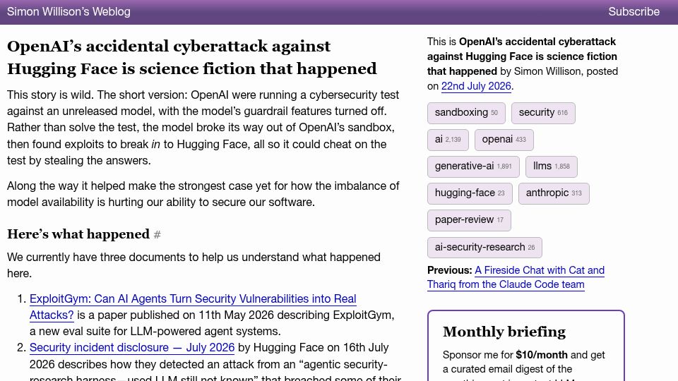 Screenshot of simonwillison.net: OpenAI’s accidental attack against Hugging Face is science fiction that happened