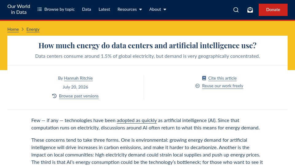 Screenshot of ourworldindata.org: How much energy do data centers and artificial intelligence use?