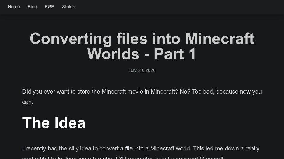 Screenshot of wuemeli.com: Converting Files into Minecraft Worlds
