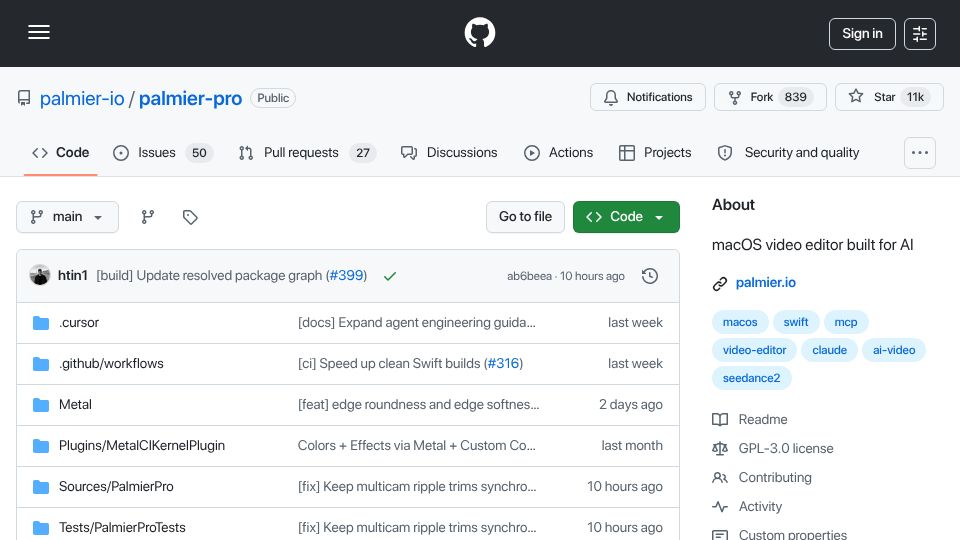 Screenshot of github.com: Show HN: Palmier Pro – Open-source macOS video editor built for AI