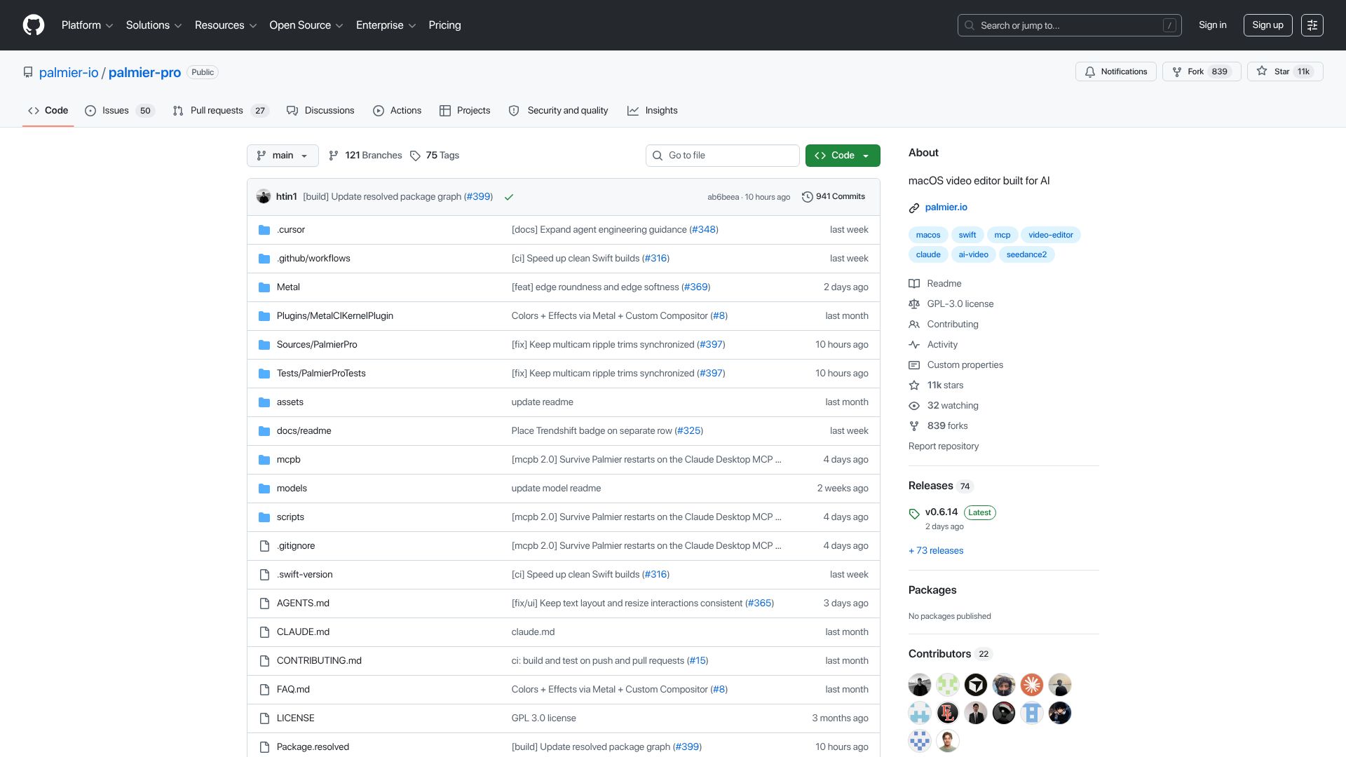 Screenshot of github.com: Show HN: Palmier Pro – Open-source macOS video editor built for AI