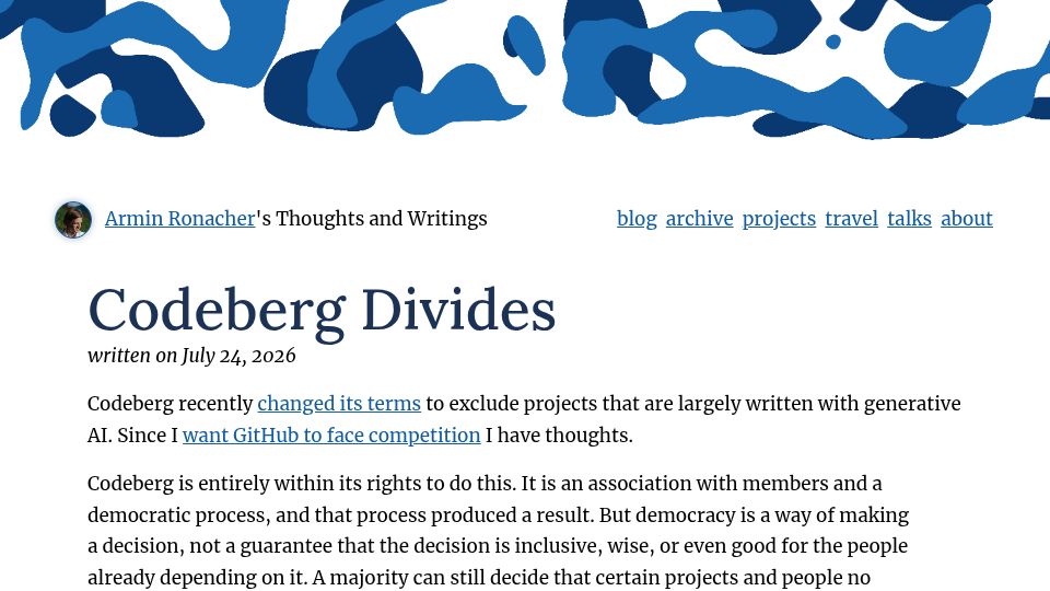 Screenshot of lucumr.pocoo.org: Codeberg Divides