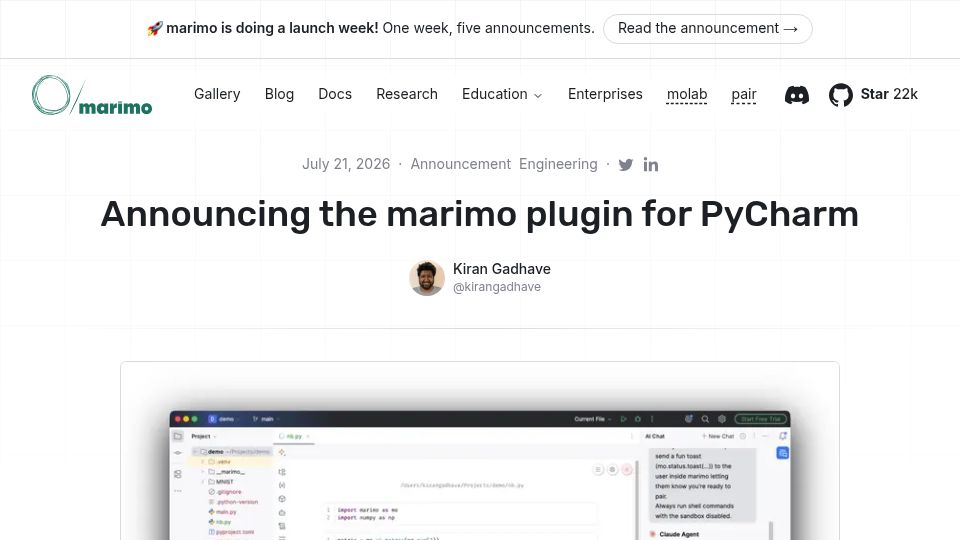 Screenshot of marimo.io: Marimo now runs in PyCharm