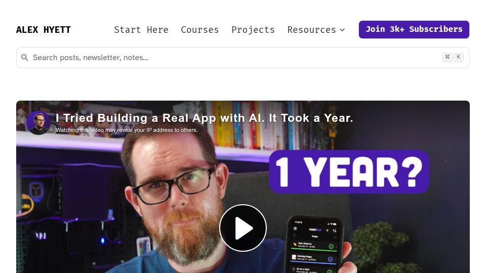 Screenshot of alexhyett.com: I Tried Building a Real App with AI. It Took a Year