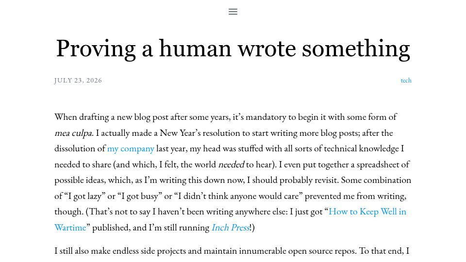 Screenshot of gjtorikian.online: Proving a human wrote something