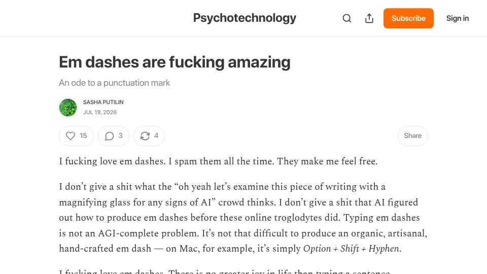 Screenshot of psychotechnology.substack.com: Em dashes are amazing