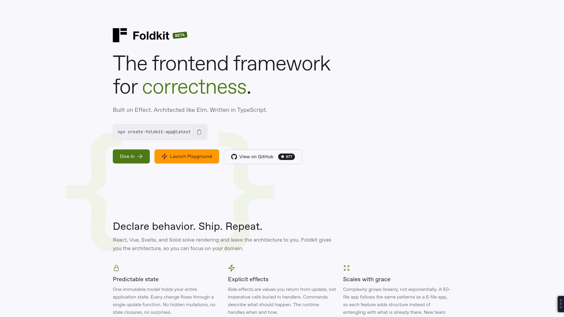 Screenshot of foldkit.dev: The front end framework for correctness: built on Effect, architected like Elm