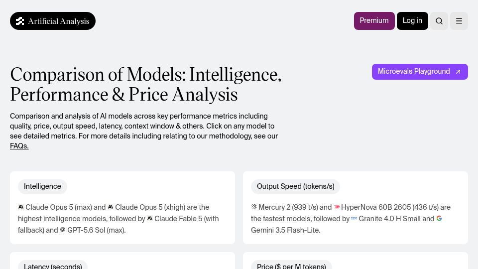 Screenshot of artificialanalysis.ai: Opus 5 is currently #1 on Artificial Analysis Intelligence Leaderboard