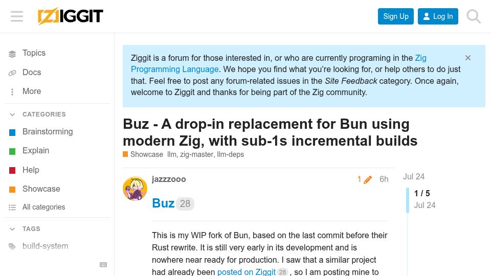 Screenshot of ziggit.dev: Buz – A fork of Bun using modern Zig, with sub-1s incremental builds