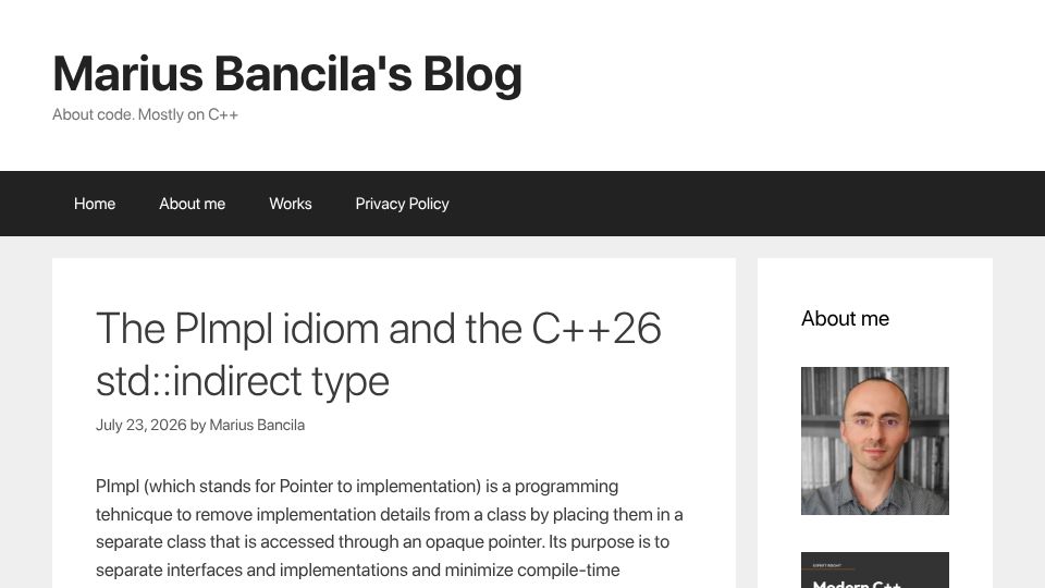Screenshot of mariusbancila.ro: The PImpl idiom and the C++26 std:indirect type