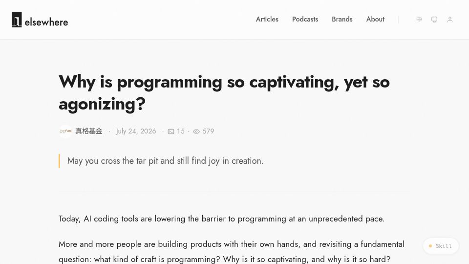 Screenshot of elsewhere.news: Why is programming so captivating, yet so agonizing?