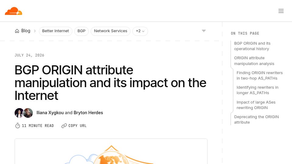Screenshot of blog.cloudflare.com: BGP ORIGIN attribute manipulation and its impact on the Internet