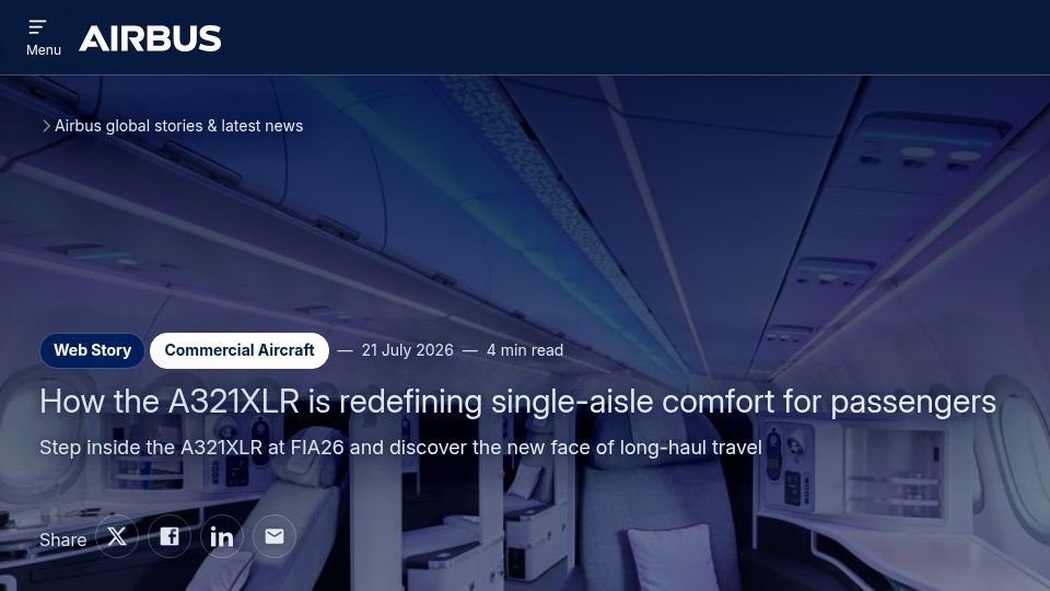 Screenshot of airbus.com: Latest Airbus single aisle aircraft innovations